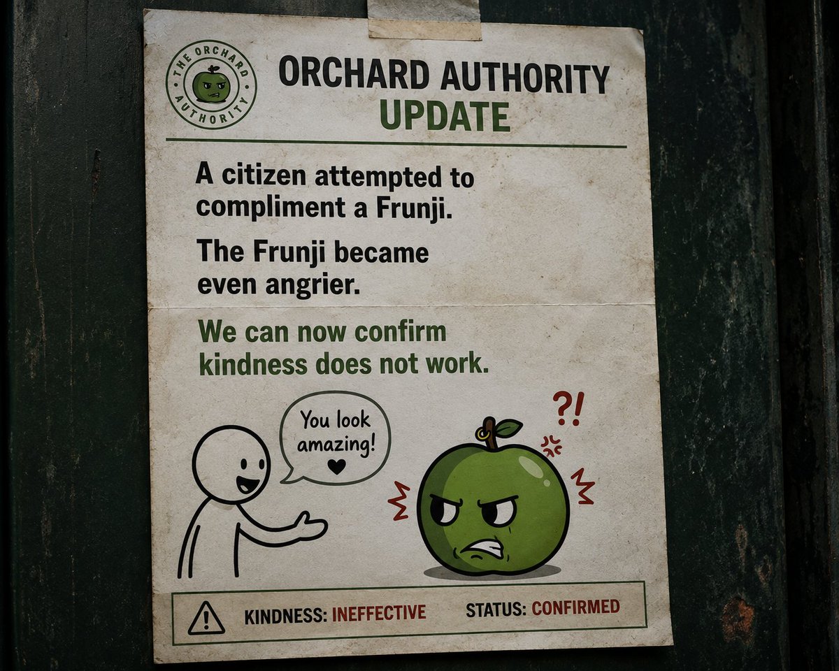 FrunjiHub's tweet photo. ORCHARD AUTHORITY UPDATE

A citizen attempted to compliment a Frunji.

The Frunji became even angrier.

We can now confirm kindness does not work.

🍏 https://t.co/FND1BiX6r1