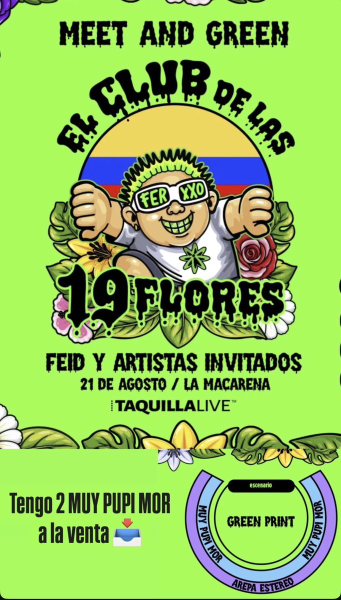 David_R104md's tweet photo. Vendo 2 Boletas para la Macarena de Feid, “El Club de las 19 Flores”

🌺 : 21 de Agosto 
📍: Localidad “MUY PUPI MOR”
#Feid #Medellín #Macarena https://t.co/Oi0D1Mz10n