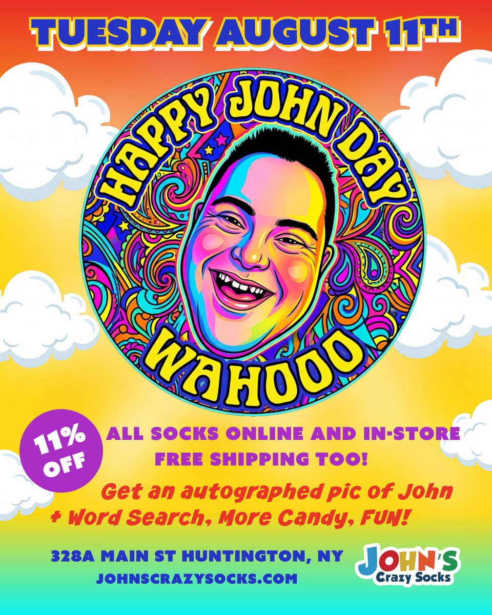 wahooomarket's tweet photo. Move over, Prime Day. 🧦 JOHN DAY is here!

Tuesday, Aug 11 : John's half-birthday. Our gift to you:
🚚 Free shipping
💥 11% off everything (online + in store)
✍️ Autographed photo of John
🔎 Word search puzzle
🍬 Extra candy
https://t.co/1n1WZPnlGQ

#JohnDay #JohnsCrazySocks https://t.co/lNZpU6mBEM