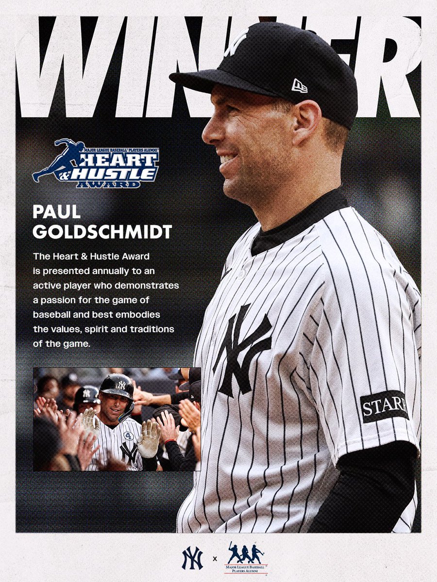 Yankees's tweet photo. Congratulations to Paul Goldschmidt on being named our 2026 @MLBPAA Heart &amp; Hustle Award Winner 👏 https://t.co/J3jkIhbWlC