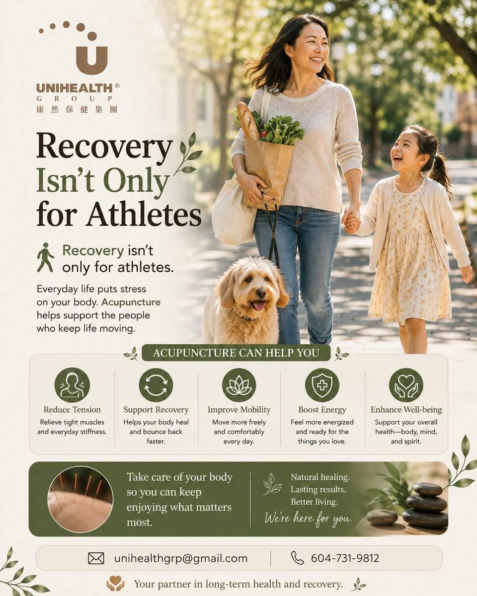 Unihealthgrp's tweet photo. 🚶‍♀️ Recovery isn't only for athletes.
Everyday life puts stress on your body. Acupuncture helps support the people who keep life moving.

🚶‍♀️ 恢復不只是運動員需要。每天的生活都會讓身體累積壓力。針灸能幫助您恢復活力，輕鬆面對每一天。

#Unihealth #Recovery #AcupunctureWorks #Wellness https://t.co/BzDsKvu09e