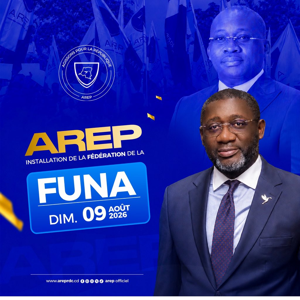 ArepOfficiel's tweet photo. 📢 Une nouvelle étape pour AREP à FUNA

Ce dimanche 9 août 2026, la fédération de la Funa sera officiellement installée par le Secrétaire Général Me Camy Richard KALELE MALOBO. 

Funa, le rendez-vous est pris ! 

AREP, agissons pour la République. 🇨🇩 https://t.co/0Ex9eLVUvS