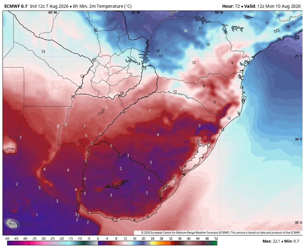 TempoSLeopoldo's tweet photo. Chega daquelas mínimas atípicas de 16 a 18°C!
Mapas mostram as temperaturas mínimas previstas pelo modelo IFS/ECMWF para o sul do Brasil entre o sábado e a terça-feira. https://t.co/uhr8RoDuq0