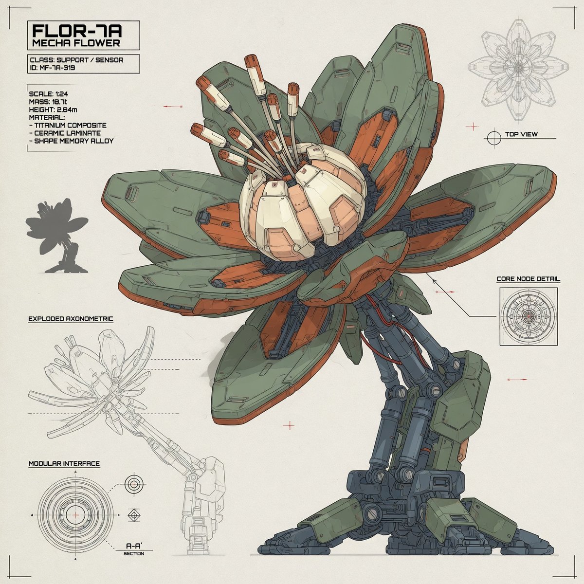 doganuraldesign's tweet photo. New Illustration Style

Illustration of a mecha [SUBJECT], single primary subject only, one complete isolated design as the clear focal point, futuristic technical concept-art aesthetic, precision ink outlines, industrial sci-fi design language, modular mechanical detailing, layered hard-surface forms, muted sage green and warm ivory base palette, desaturated peach and burnt orange accents, charcoal blue-gray components, restrained red markers, clean flat-shaded rendering, subtle panel linework and micro-details, three-quarter technical perspective, graphic design-sheet composition, spacious off-white background, small secondary silhouettes and schematic diagrams allowed but never additional full-size subjects, fine technical markings, controlled shadows, crisp edges, subtle paper grain, utilitarian atmosphere