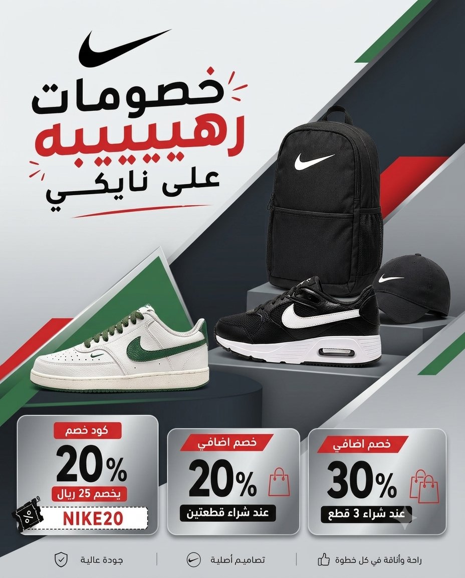 Almoajam23's tweet photo. خصومات نايكي رهيييبة‼️

🟣 كود الخصم: NIKE20 يخصم 20% حتى 25 ريال

🔴 خصم إضافي 20% عند شراء قطعتين
🔴 خصم إضافي 30% عند شراء 3 قطع

https://t.co/TCTB7bstwl https://t.co/yM69lE5OGm