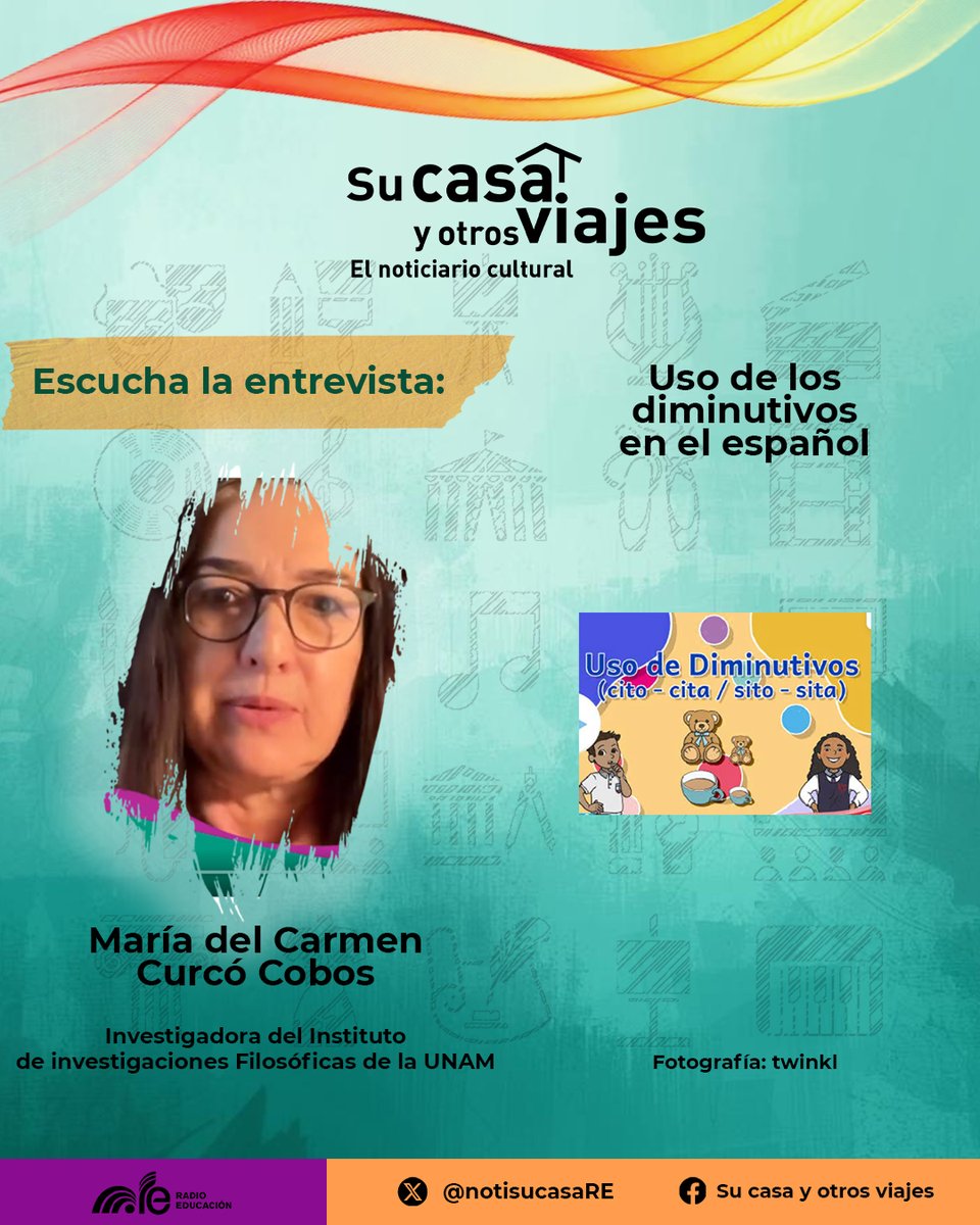 notisucasaRE's tweet photo. 🔤 La investigadora del Instituto de investigaciones Filosóficas de la UNAM, María del Carmen Curcó Cobos, habló de los usos de los diminutivos en nuestro idioma.  📖

Conoce los detalles aquí ⬇️
https://t.co/4OZf8BGcvn https://t.co/YTOMDFE8Zm