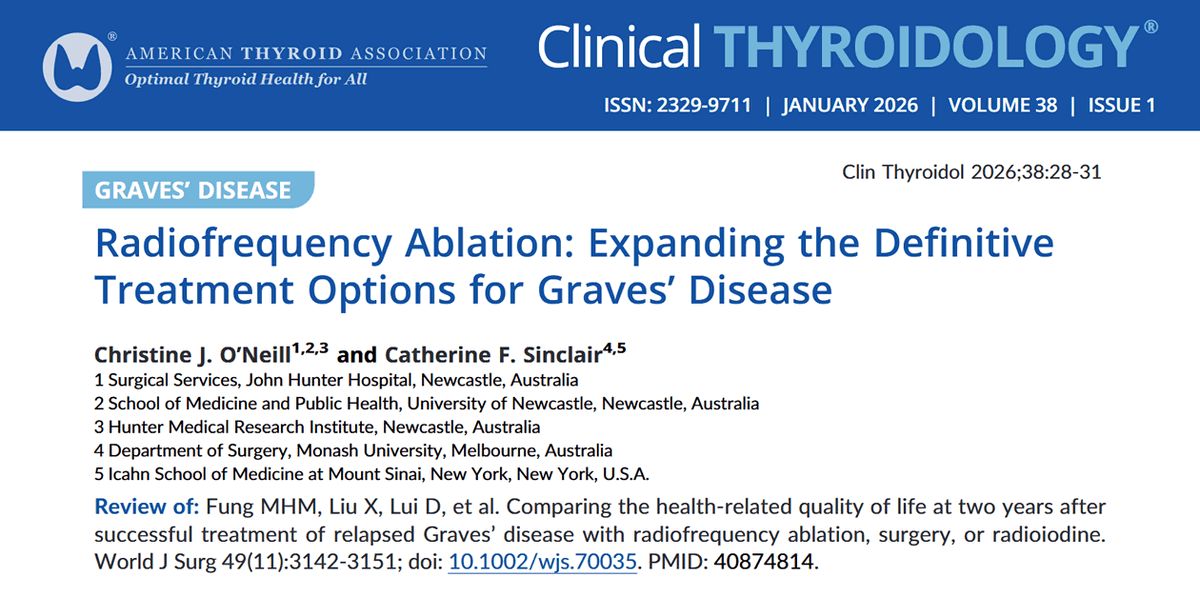 clinicalthyroid's tweet photo. Is there a use of #RadioFrequencyAblation for #GravesDisease? Drs. Christine O'Neill &amp; Catherine Sinclair discuss the implications of new data. 

https://t.co/hyomJWJ7LW

#endotwitter #medtwitter @NASITablate #thyroid #RFA #ablation @Sage_Publishing https://t.co/d6t3TAdcvj