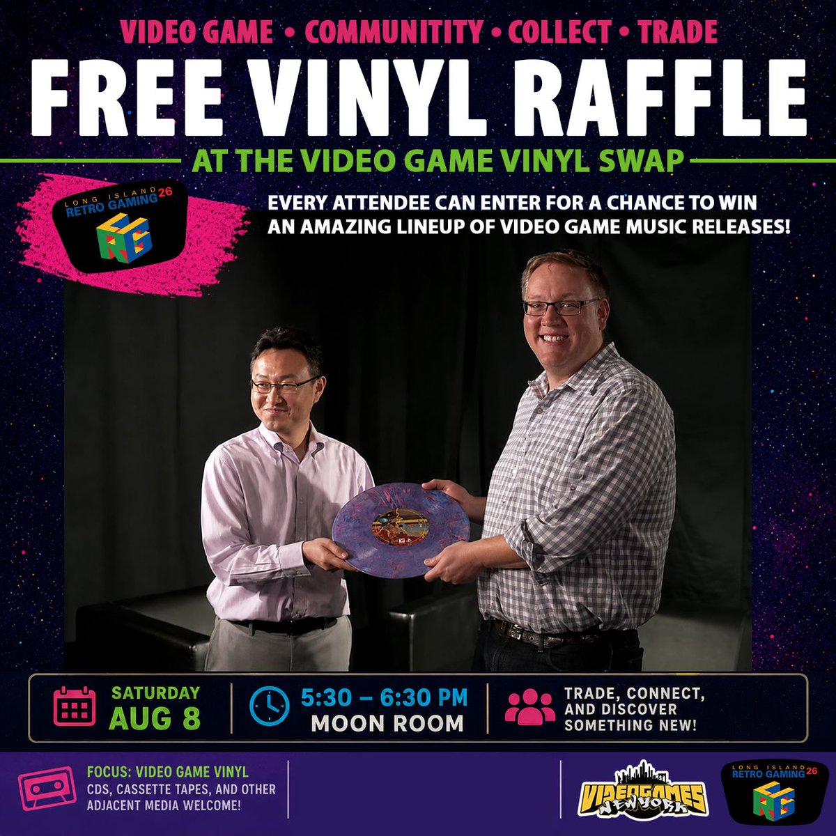 VideoGamesNYC's tweet photo. Today is the first day of Long Island Retro Gaming Expo!

The fun is just getting started at @LIRetro! We hope to see everyone this weekend, but don't miss our 2nd Annual Vinyl Swap Meet tomorrow from 5:30–6:30 PM in the Moon Room.

Meet fellow vinyl collectors, trade records, and enter our FREE Vinyl Raffle for your chance to win some incredible prizes. See you there!