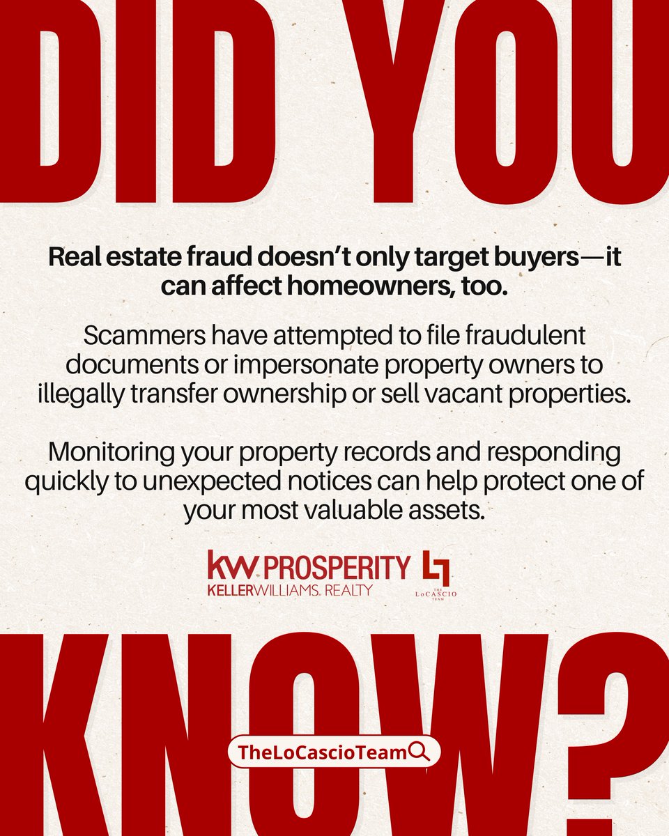 TheLoCascioTeam's tweet photo. 🚨 Could someone steal your home’s title without ever stepping inside your house? 🏡

It may sound surprising, but real estate fraud is a growing concern for homeowners. Staying informed and monitoring your property records can help protect one of your most valuable investments. https://t.co/oYEUnRUnCU