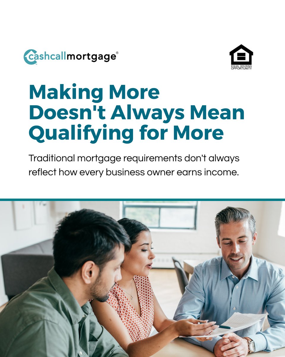 CashCallLoan's tweet photo. Running a successful business doesn't always make getting a mortgage straightforward.  

Many self-employed professionals legally reduce their taxable income through business deductions, but traditional mortgage programs often rely on that taxable income when evaluating a loan application.  

That's why some lenders offer Bank Statement Loan programs, which may provide an alternative way for eligible self-employed borrowers to document income.  

If you're a business owner, freelancer, or independent contractor, it may be worth exploring the financing options available to you.  

📞 (833) 318-0988 
🌐 https://t.co/XIB6DPt9JI 

Some products may have higher interest rates, more points, or more fees than other products requiring full documentation. 

#cashcallmortgage #selfemployed