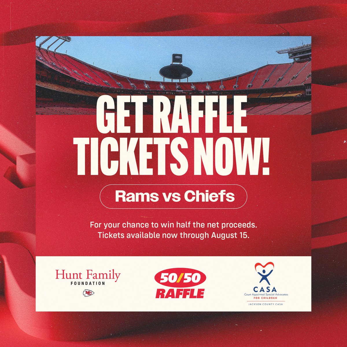 ArrowheadKC's tweet photo. If you’re located in Kansas or Missouri, purchase your tickets now for our Rams vs Chiefs 50/50 raffle benefiting Jackson County CASA! 🎟️