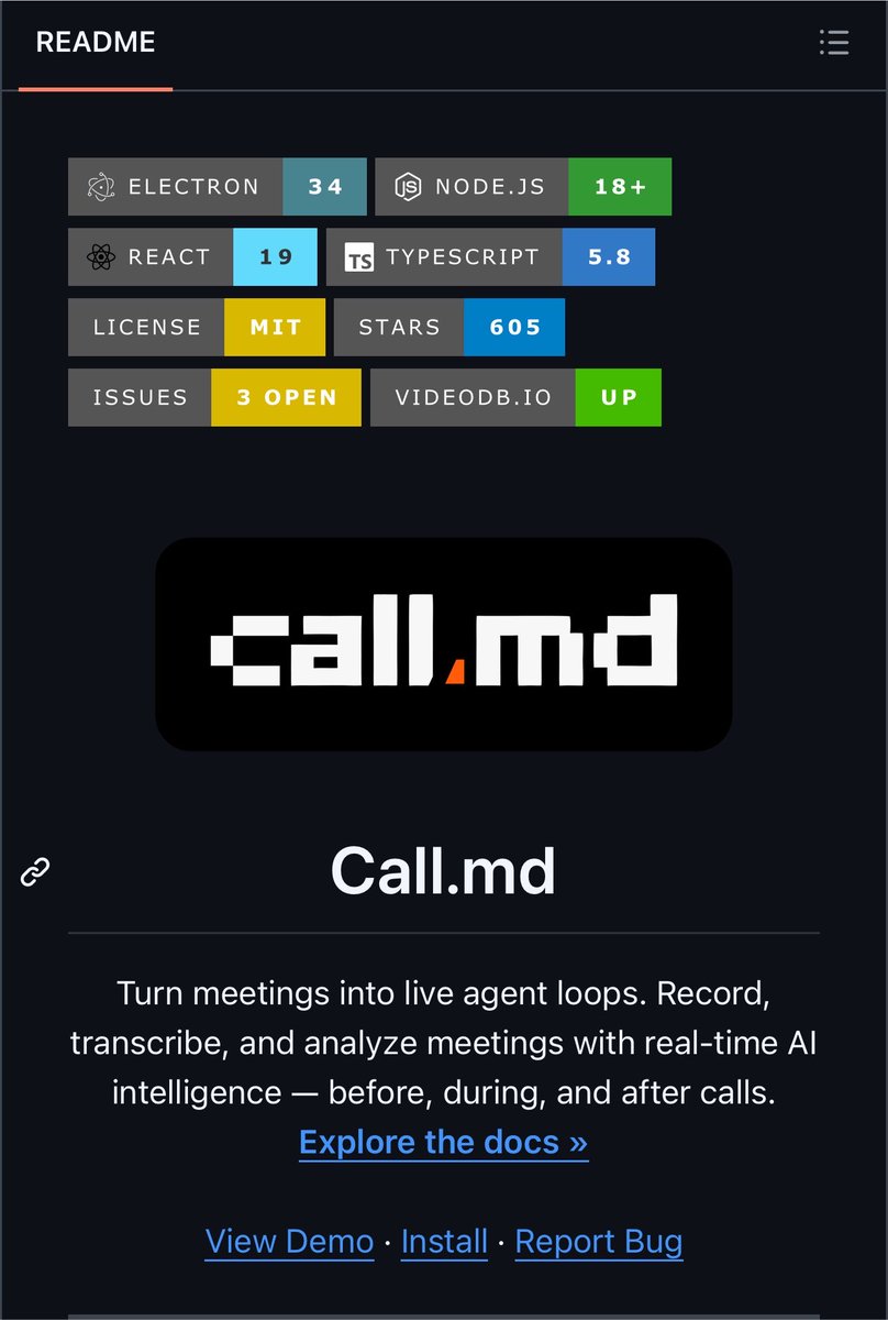 UnTalNixon_exe's tweet photo. Las meetings son donde mueren las decisiones.

Call.md lo cambia todo: convierte cada llamada en un live agent loop.

→ Transcripción dual-channel en tiempo real (tú vs ellos)
→ Coaching y sugerencias de IA mientras hablas
→ Dispara automáticamente tools de MCP en medio de la meeting cuando detecta que necesitas info
→ Resumen estructurado + action items + webhooks en el segundo que termina la llamada

Ningún bot se une a la call. Local-first. Open source.

Así se ve cuando los agents realmente trabajan contigo.

Repooo 👇👇