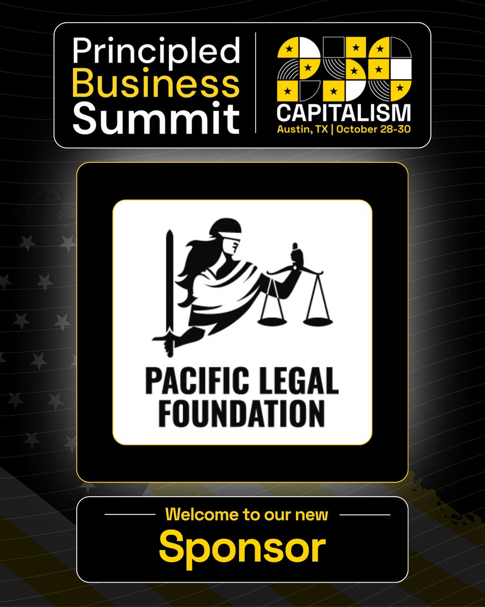 PrincipledBus's tweet photo. We're excited to welcome Pacific Legal Foundation as a sponsor of the Principled Business Summit.

For more than 50 years, Pacific Legal Foundation has defended individual liberty, private property rights, and free enterprise through landmark legal victories and public advocacy. We're proud to partner with an organization that shares our commitment to freedom, opportunity, and the rule of law.

We look forward to seeing you at the Summit in Austin!

Get your tickets here: https://t.co/D5QmpPHsIH