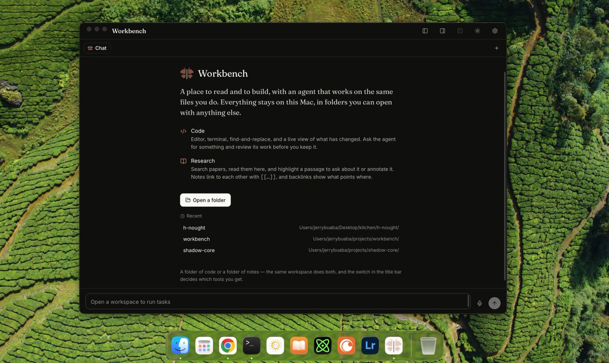 Workbench home screen showing a local agent workspace that can switch between code and research modes