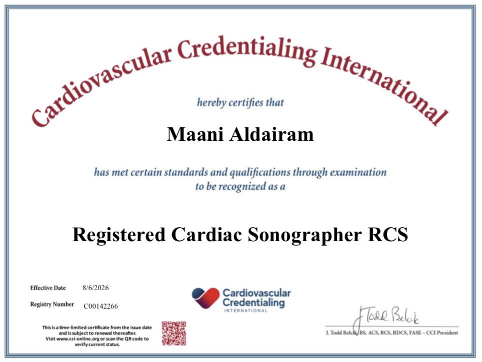 EchoMaani's tweet photo. Officially RCS Certified! 🥳

Excited to share that I have passed the Registered Cardiac Sonographer (RCS) credential from CCI.

Grateful for this milestone and looking forward to continuing my growth in echocardiography🫀 https://t.co/jxRxZK5ST7