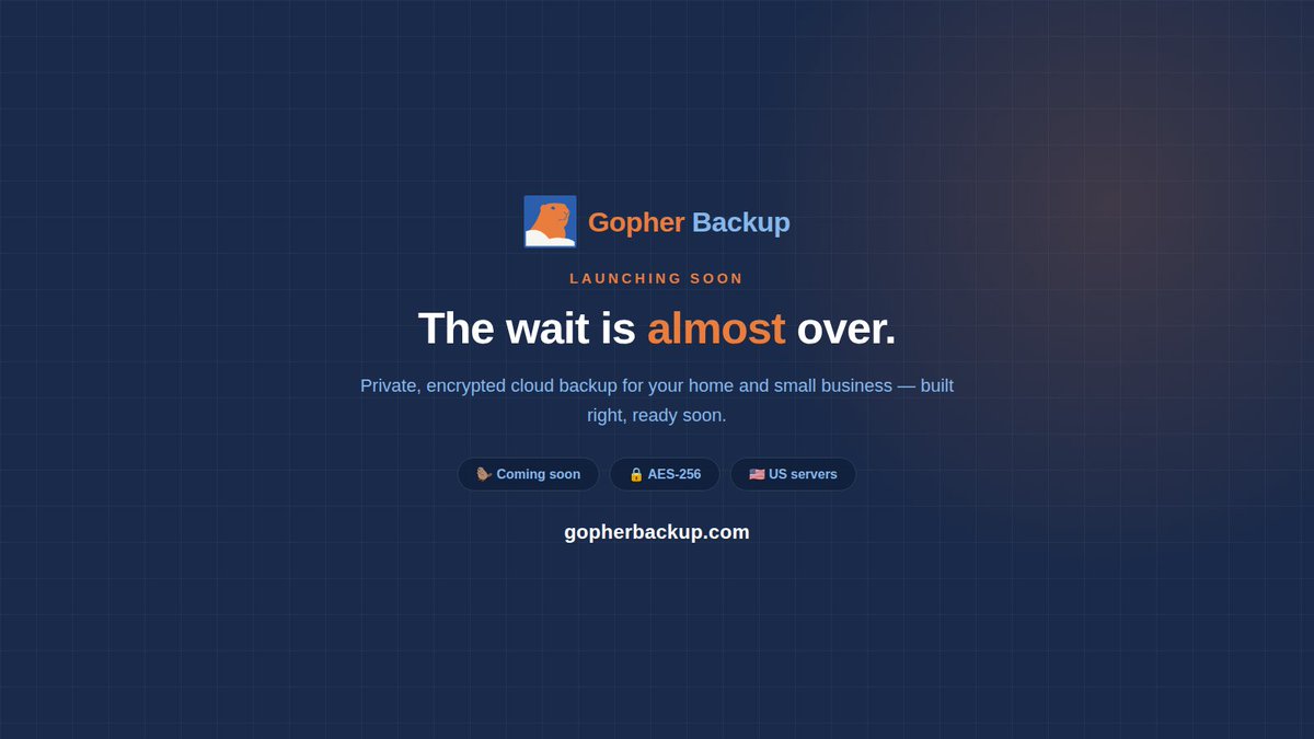gopherbackup's tweet photo. The wait is almost over.
Gopher Backup launches soon — private, encrypted cloud backup for your home and business, built the right way.
Don't miss it. Get notified the second we go live 👇
https://t.co/h76u6hfLet https://t.co/jx2m1EQWC1