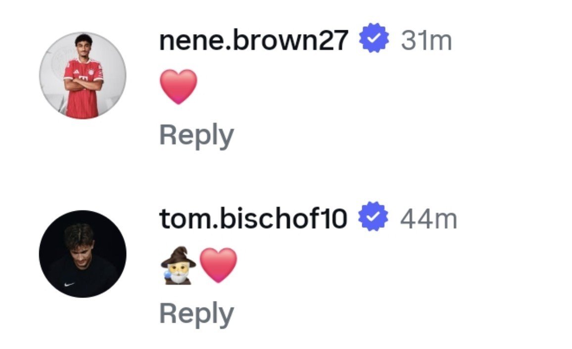 neneful's tweet photo. AHHHHH 🥺🥹🥹❤️❤️❤️ nene's first time commenting on a bayern teammate's ig post... pavlo ❤️ nene ❤️ bischi FOREVER. https://t.co/8qM3Drwg4e