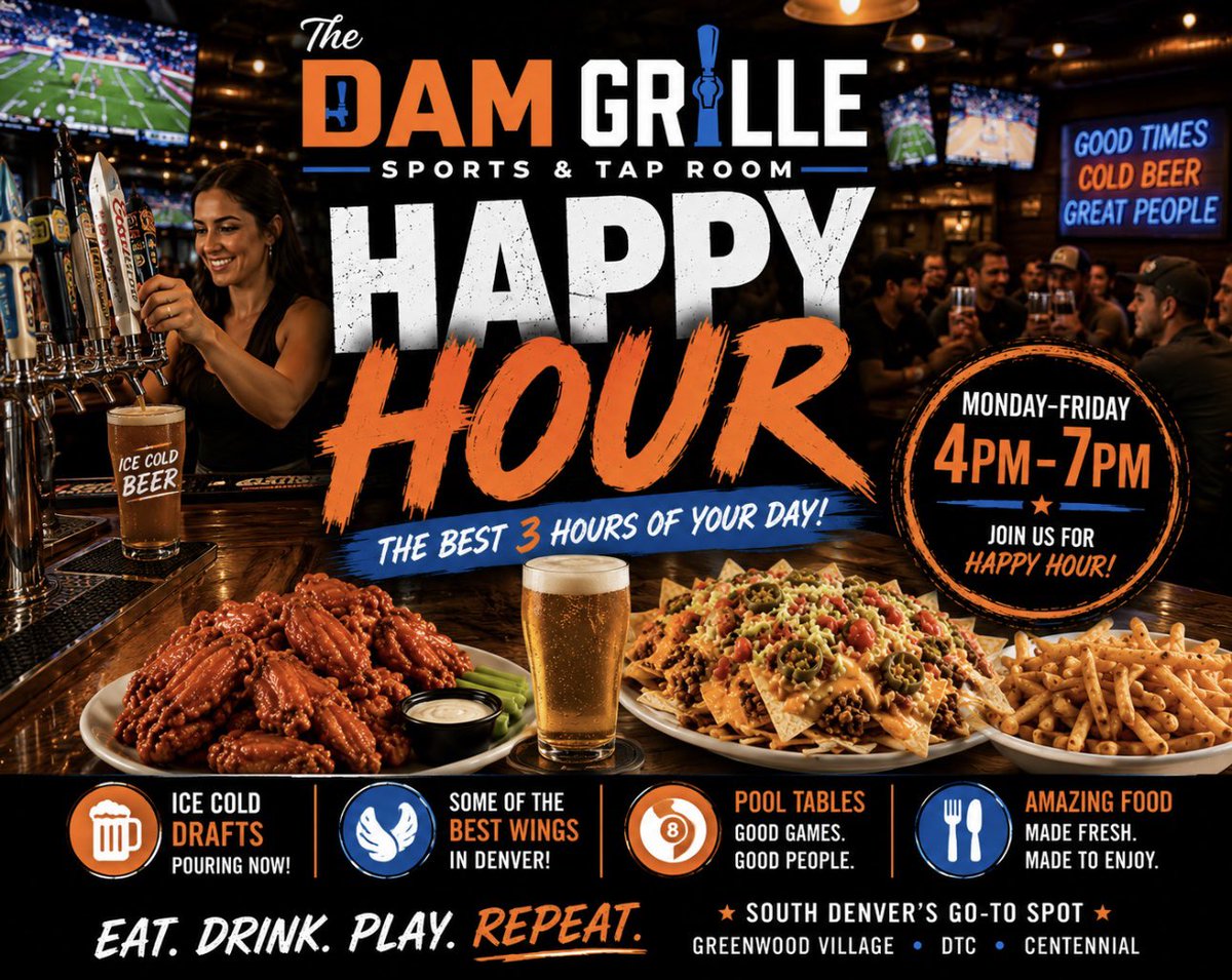 TheDamGrille's tweet photo. 🍻 Friday starts at The Dam Grille!
Happy Hour is on 4–7 PM 🍺 Wings, cold beer, pool, and great vibes. Kick off your weekend with us!
#HappyHour #TheDamGrille #Friday #SouthDenver #DTC #Wings #ColdBeer #WeekendStartsHere https://t.co/4wsuIeR6pL