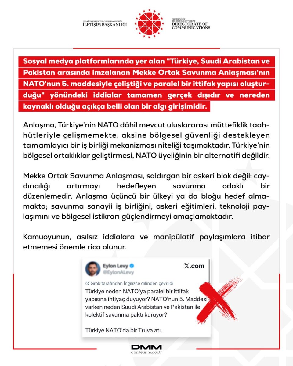 SIRKAR77's tweet photo. İletişim Başkanlığı, "Türkiye, Suudi Arabistan ve Pakistan arasında imzalanan Mekke Ortak Savunma Anlaşması'nın NATO'nun 5. maddesiyle çeliştiği ve paralel bir ittifak yapısı oluşturduğu" dezenformasyonunu yalanladı. https://t.co/FmNSPIQO1E