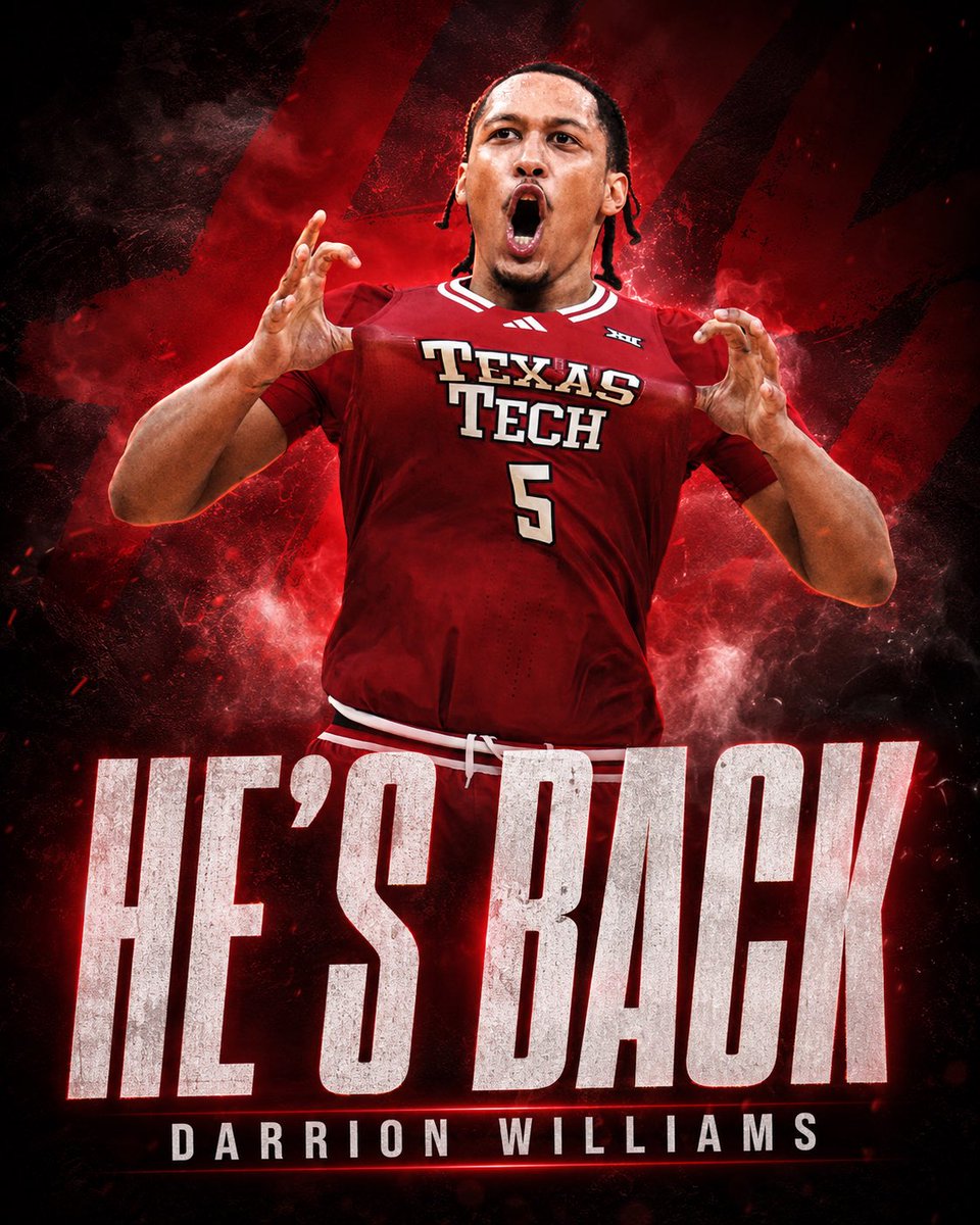 SBInsiderHQ's tweet photo. ‼️‼️NEWS: Darrion Williams to return to Texas Tech for the 2026-2027 season! 

Welcome back @OfficialDW03 🏡 https://t.co/2nnW8lkXQl