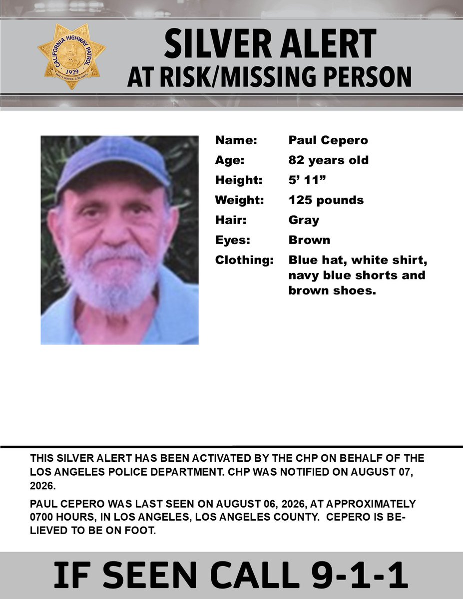 CHPAlerts's tweet photo. SILVER ALERT - Los Angeles County
Last seen: Hazelwood Avenue and Lincoln Avenue, Los Angeles
@LAPDHQ

IF SEEN, CALL 9-1-1 https://t.co/sw8gZy3DIK