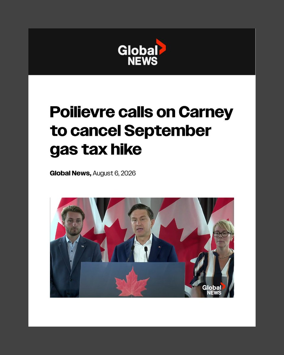 PierrePoilievre's tweet photo. The Carney Liberals are planning to hike the gas tax back up on Labour Day.

Conservatives are pressuring them to stop their gas tax hike, and leave more money in your pocket.

Sign here if you agree: https://t.co/n5sYnbfWBD https://t.co/LLbLkaUVON
