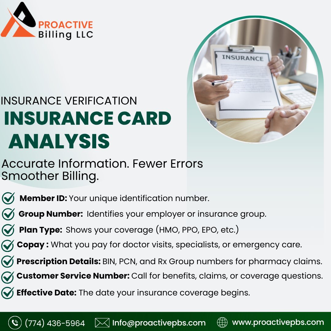 proactivepbs's tweet photo. Incorrect insurance details can cause claim rejections &amp; payment delays. Proactive Billing LLC helps verify Member ID, coverage, benefits &amp; payer information for smoother billing and fewer errors. 📞 (774) 436-5964 🌐 https://t.co/WoSQJUiCZG #MedicalBilling #RCM https://t.co/cnyB4bWE5g