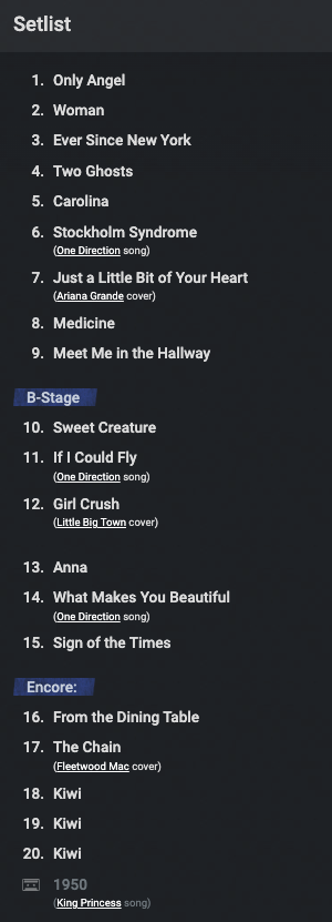 komorebideluna's tweet photo. A mi me vale verga, ese fue el setlist del primer concierto de Harry al que fui, en el que basicamente no se queria ir y canto tres veces kiwi, lo amo https://t.co/2QdjGMUWhn