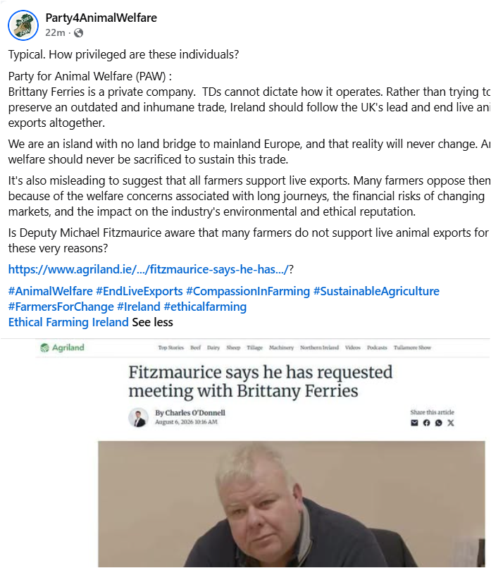 AnimalPartyIE's tweet photo. Typical. How privileged are these individuals?
#BrittanyFerries is a private company. TDs cannot dictate how it operates. Rather than trying to preserve an outdated and inhumane trade, #Ireland should follow the UK's lead and end live animal exports altogether.
#BanLiveExport https://t.co/OJzAKTps2N