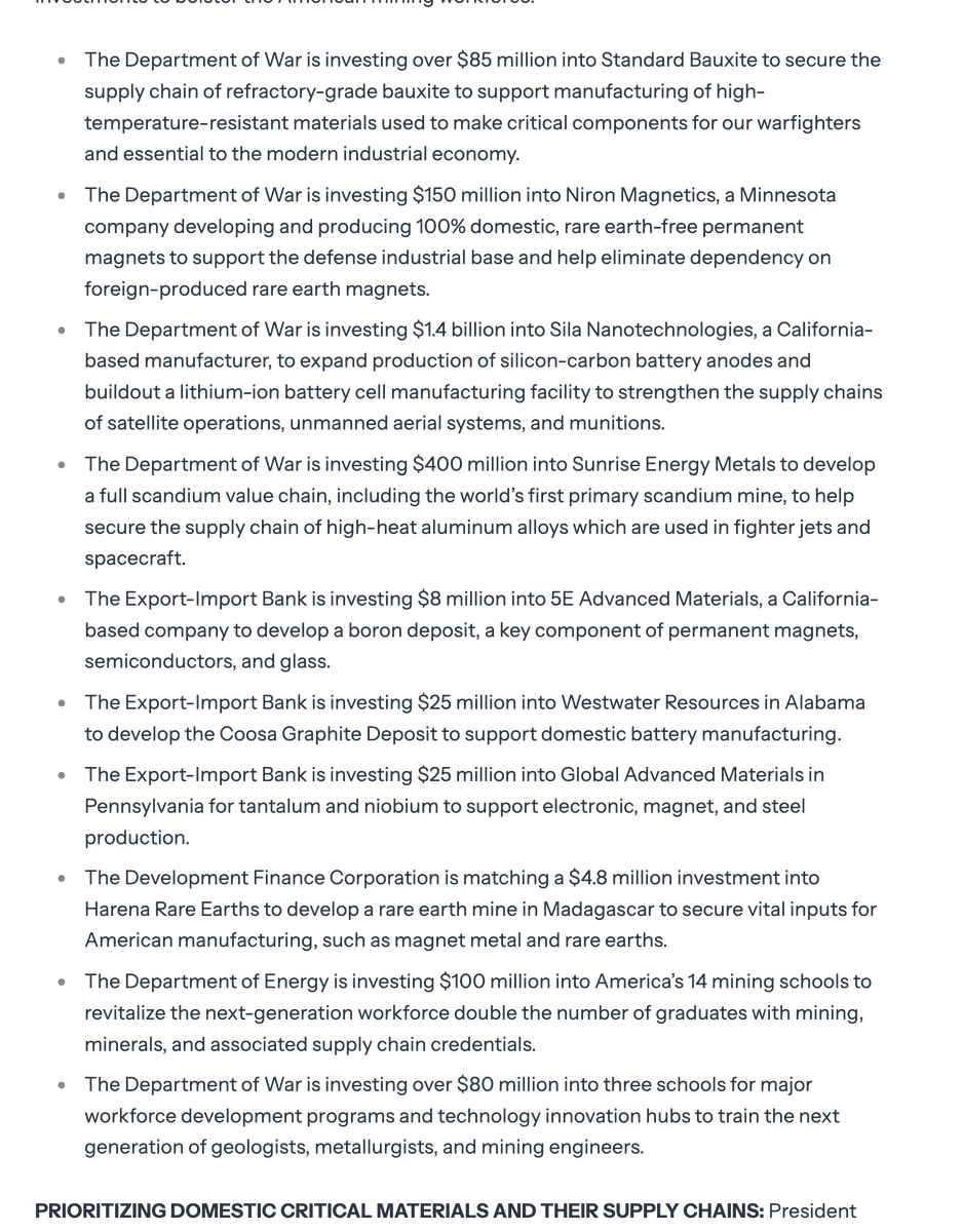 aleabitoreddit's tweet photo. There we go, White House finally invests in more breath in critical minerals/materials. Amazing policy move, as a TLDR:

- $WWR receives $25M (graphite)
- $SRL (ASX) receives $400M (Scandium)
- $FEAM receives $8M (Boron)
- $HREE receives $4.8M (magnet rare earths)

out of the public companies. 

With more private investments from $150 million into Niron Magnetics or $85 million into Standard Bauxite. 

It's literally spare change to the US gov, for ENORMOUS amount of downstream applications. 

More should be done with funding amounts to accelerate development and derisk supply chains (don't own any of the above, just support the policy move), but great announcement.