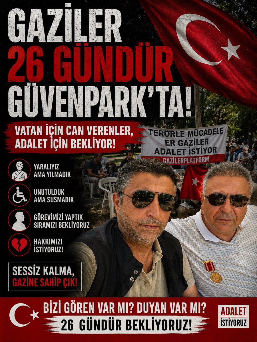 gazilerplatform's tweet photo. Herkes #GazileriminYanındayım diye bir Tiwit atsın gaziler 26 gündür Güvenpark’ta Türk mileti 🇹🇷 https://t.co/Wa22Mg53Gg