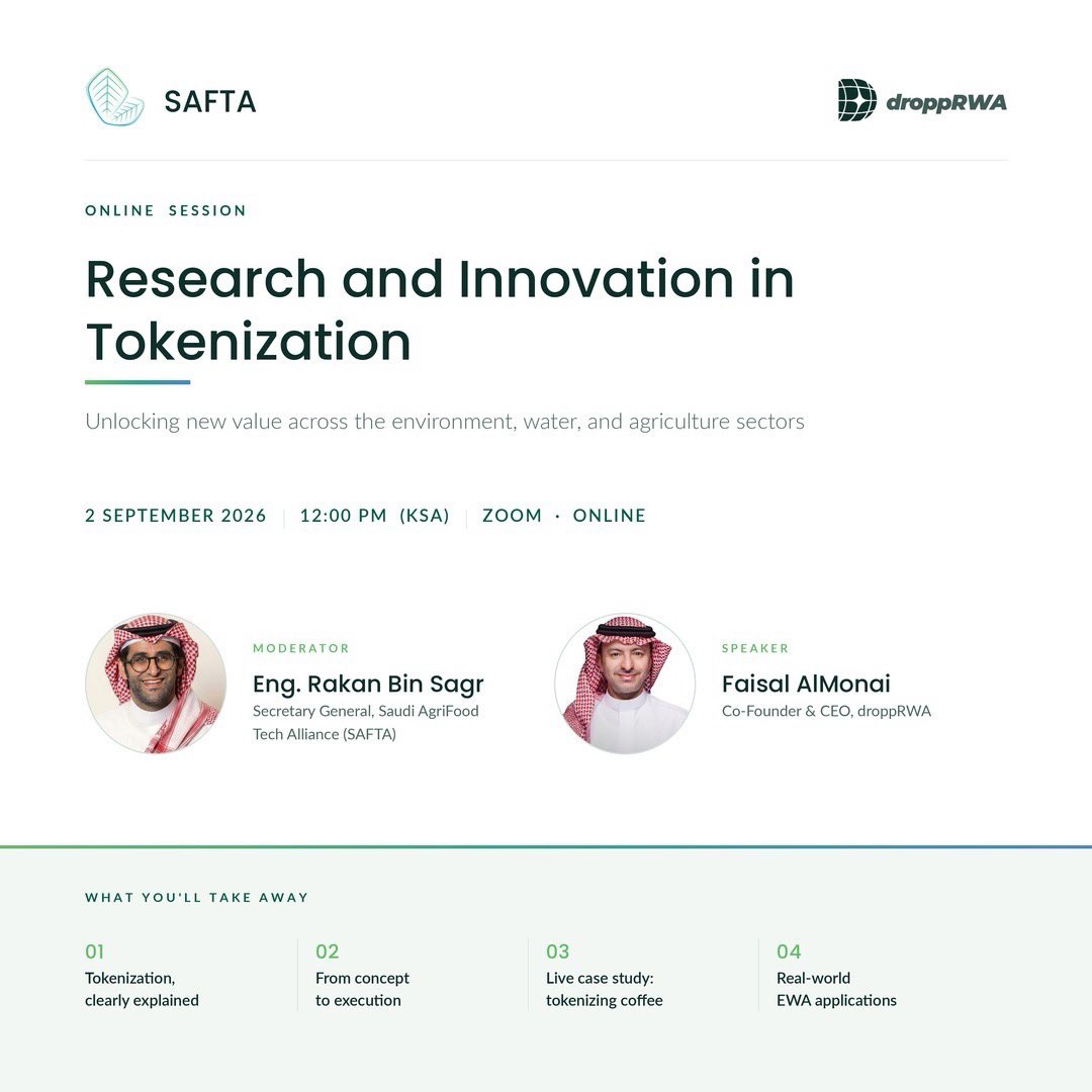 dropprwa's tweet photo. RWAs aren’t just about financial markets, it's about securing the future of essential sectors like agriculture at a sovereign level. 🇸🇦🌾

We are proud to announce that our CEO, @FaisalMonai will be a featured speaker at the upcoming online session below: 👇 https://t.co/eIdWcTXyj5