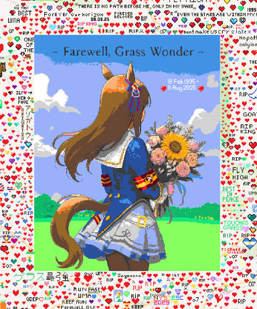 ErickQu24589317's tweet photo. Es un buen momento para recordar a Grass Wonder, 1 año de tu partida, la rival de Special Week, la chica más tranquila de su grupo, la que conmocionó a todo el mundo y recibió un tributo en Wplace en sus incios, espero que ella se encuentre muy felíz a lado de su rival SW. 🐎🪽😇 https://t.co/o6PjZp1Qr0