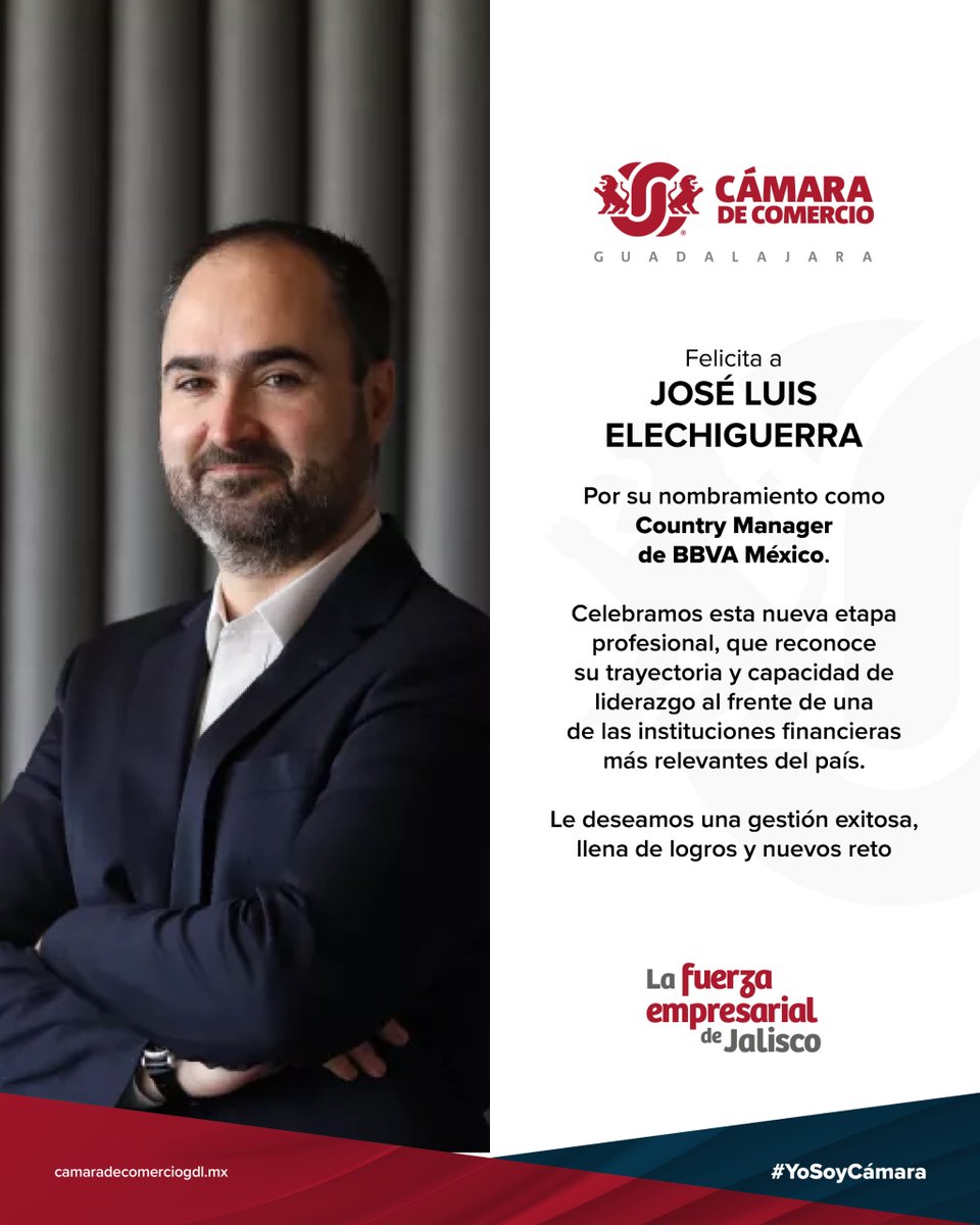 PresidenteCCGdl's tweet photo. ¡Muchas felicidades, José Luis Elechiguerra!

La Cámara de Comercio de Guadalajara reconoce su nombramiento como Country Manager de BBVA México, una nueva responsabilidad que refleja su trayectoria, experiencia y capacidad de liderazgo.

Le deseamos mucho éxito en esta nueva. https://t.co/7ULn6msbPz