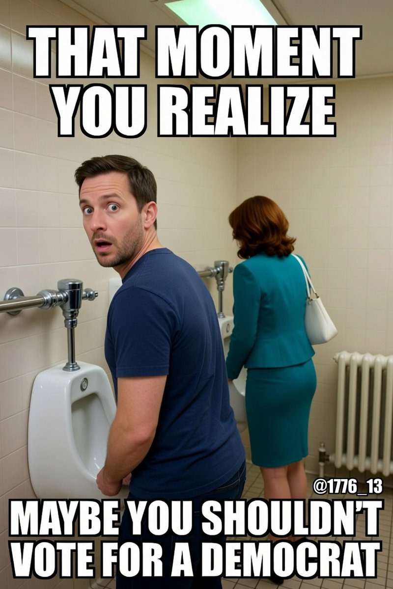 1776_13's tweet photo. When the Democrat guy finally realizes his voting record just walked into the bathroom with him.
That moment the policies hit different at the urinal…
#BathroomPolitics #ThatMoment #PolicyConsequences https://t.co/5XlhlINuOm