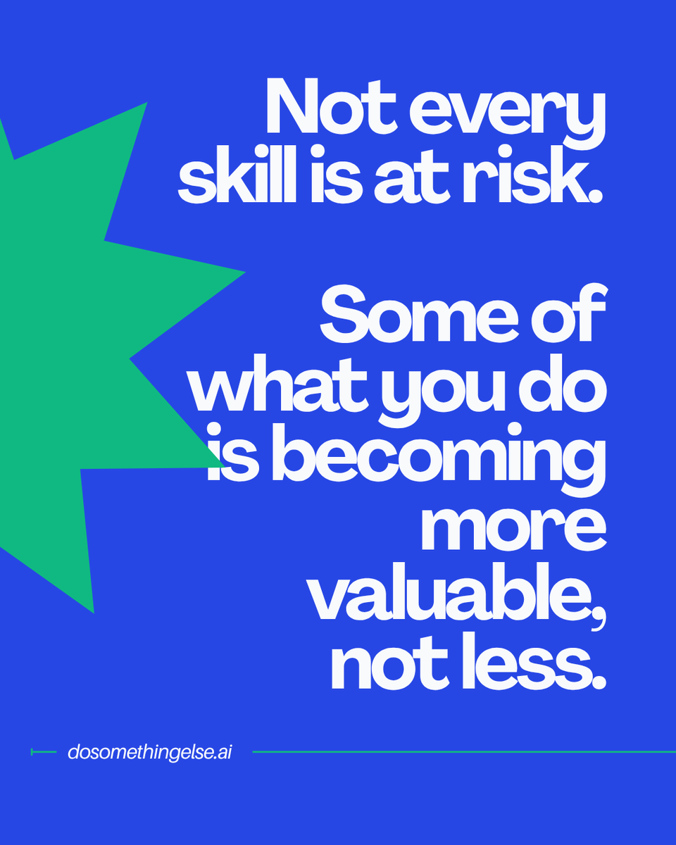 SomethingElseAI's tweet photo. AI can't take everything. Which of your skills can't it touch?  Most people can't name their own AI-proof strengths - so they don't know what to lean into.  

Free Transferable Skills Analysis: https://t.co/GLAEk9hyEg https://t.co/GOf1eYXkSQ