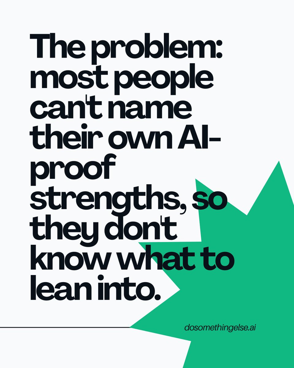 SomethingElseAI's tweet photo. AI can't take everything. Which of your skills can't it touch?  Most people can't name their own AI-proof strengths - so they don't know what to lean into.  

Free Transferable Skills Analysis: https://t.co/GLAEk9hyEg https://t.co/GOf1eYXkSQ