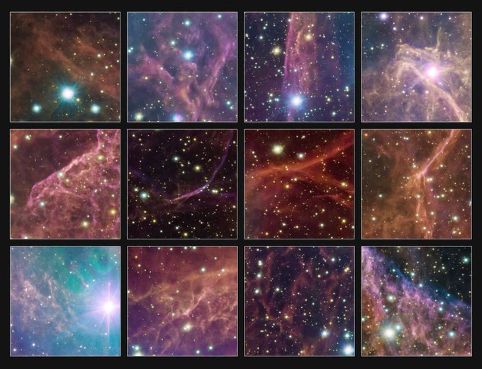 konstructivizm's tweet photo. Dive into the Vela supernova remnant’s cosmic fireworks.

Twelve breathtaking close-ups reveal the remnant’s most dazzling secrets: delicate filaments of glowing pink and fiery orange gas twist and curl like celestial brushstrokes, while brilliant stars blaze in the foreground and distant background, turning this ancient stellar explosion into a living tapestry of light and color.

(Credit: ESO/VPHAS+ team/Cambridge Astronomical Survey Unit)