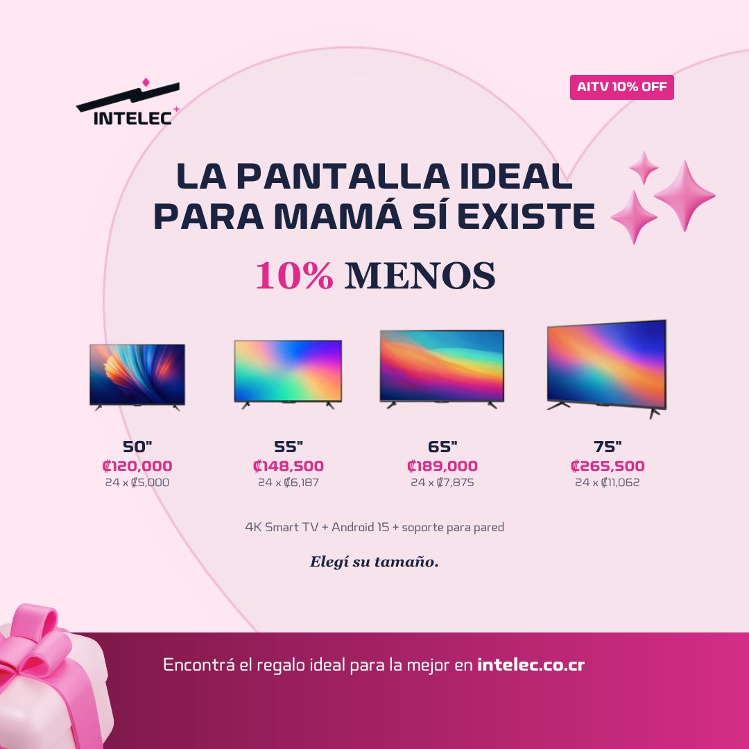 Intelec_CR's tweet photo. 📺💗 Elegí la pantalla ideal para mamá.
50", 55", 65" o 75" con 10% de descuento en AITV.
💰 Desde ₡120,000 IVAI
🛒 https://t.co/9k9sdDD702
💬 8468-3532 | 📞 2202-1200
#AITV https://t.co/2mpCCzaoPF