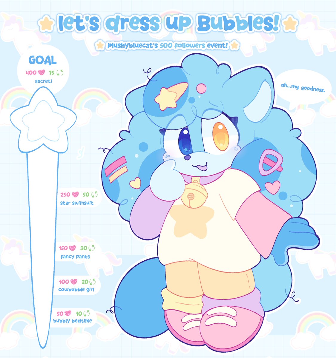 plushybluecat's tweet photo. ⭐ let's dress up bubbles! ⭐

for 500 followers, i decided that we could all play dress-up together with my sona as the doll 🧸

each time we meet a like/rt count goal, i'll draw the next outfit. let's go for that secret last goal 🩵

please share this around,  and have fun! 🎀 https://t.co/7hykMZFK9I