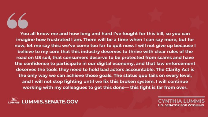 alkhadji's tweet photo. Senator Cynthia Lummis:

“I'll continue to work on the Clarity Act with my colleagues and get this done.” https://t.co/TpNuzOglaT