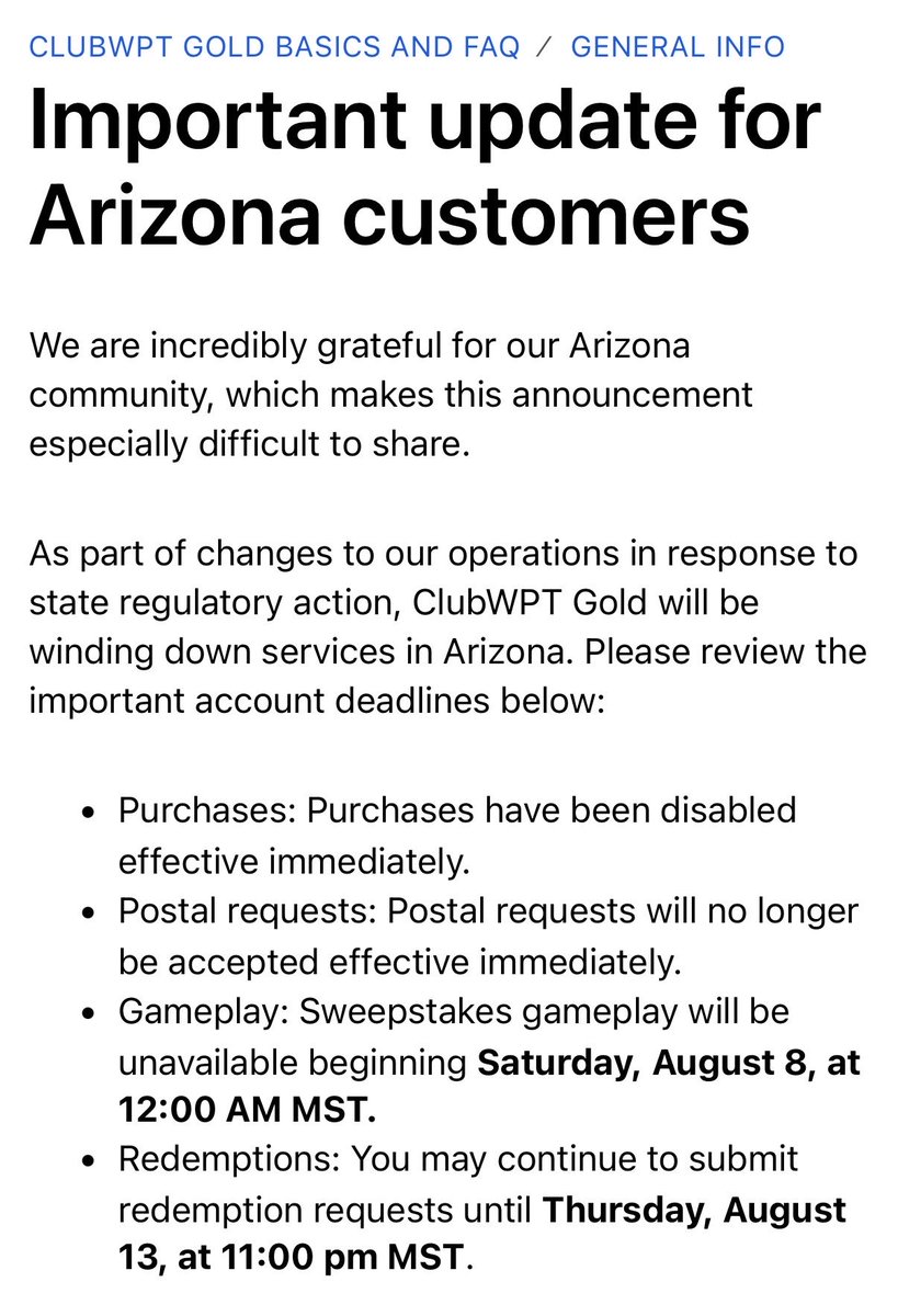 platopoker's tweet photo. Sad day for AZ Players who like to play poker online. I dream of a day where we have full freedom, country wide, to play online. Considering all the other gambling online that is allowed, this skill game deserves to be available to those who choose to play. @ClubWPTGold https://t.co/LTSkCBhIgw