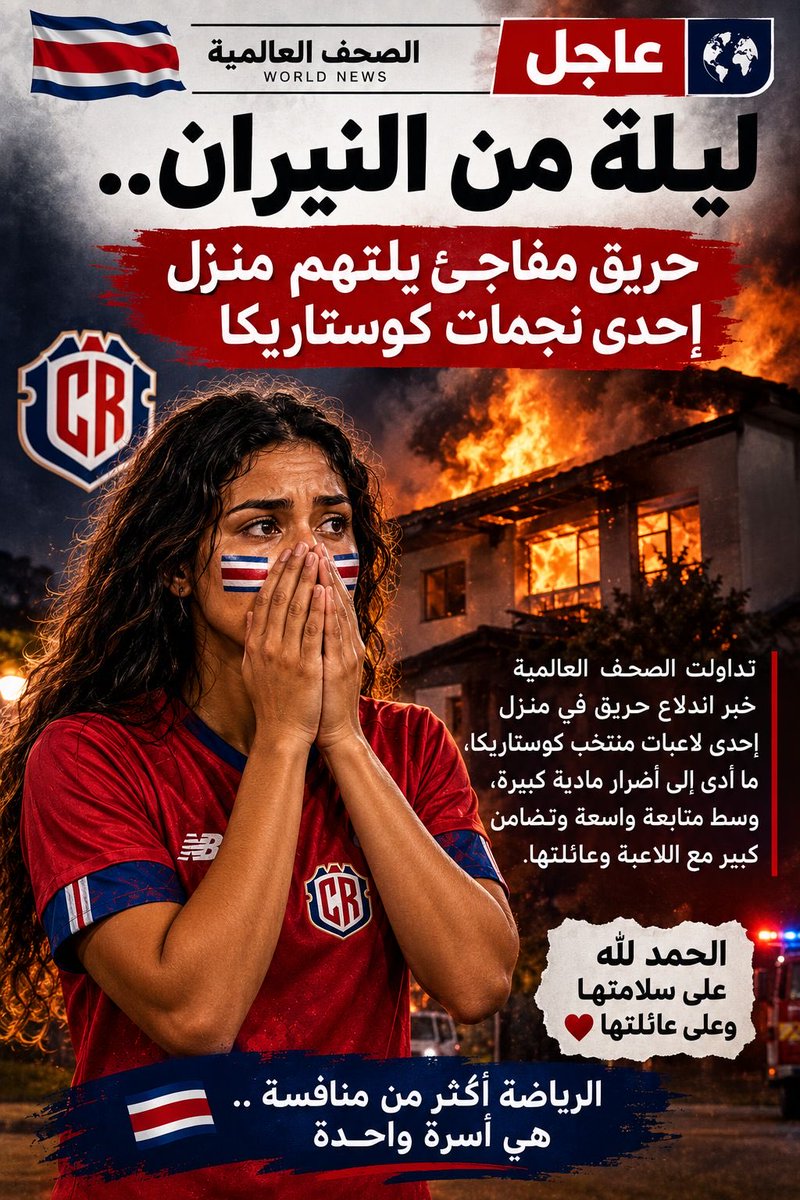 vcmjib's tweet photo. 🚨🚨🚨🚨🚨
عاجل | الصحف العالمية
حريق يلتهم منزل إحدى لاعبات منتخب كوستاريكا! 🔥 
تداولت الصحف العالمية خبراً صادماً عن اندلاع حريق في منزل إحدى لاعبات المنتخب، وسط حالة من القلق والترقب، فيما تتجه الأنظار لمعرفة تفاصيل الحادث وأسبابه.
@Azizgomm 
@i56sik 
@sarwn6824 https://t.co/1UEAQkqXpB