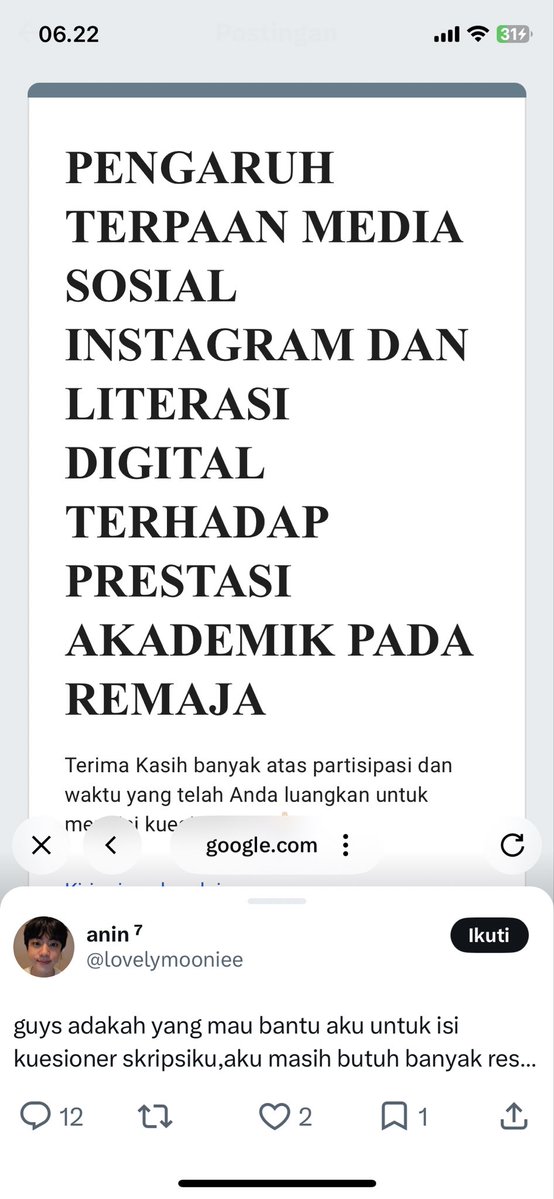 lerogmk's tweet photo. @lovelymooniee Done kak

Boleh dibantu isi kuesioner aku ya kak 🧷🔗: https://t.co/pGuiz6U7MZ
Req:
• UNTUK 3 PERTANYAAN AWAL/SCREENING, PILIH “YA” SEMUA
• JAWABAN JANGAN NGEBLOK, CONTOH: 333/444
• ⁠JAWABLAH SESUAI DENGAN KEPERCAYAAN MASING-MASING https://t.co/nJjgrKF9Mk