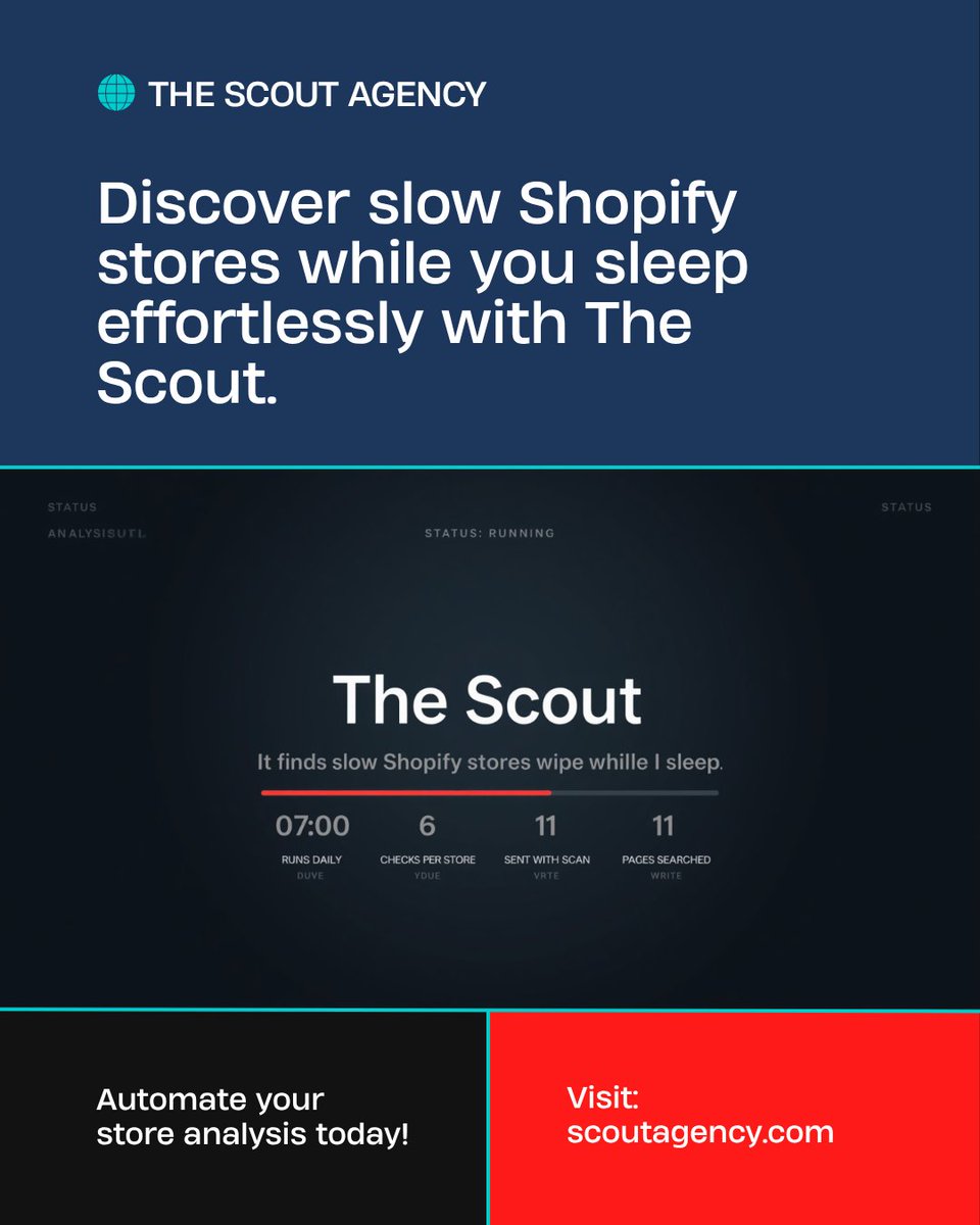 AliMohammed022's tweet photo. I built a system that finds slow Shopify stores while I sleep.

07:00 every morning it:
→ searches for real storefronts
→ checks they're Shopify, not an agency
→ dedupes against everyone I've contacted
→ scans mobile speed via PageSpeed
→ rejects anything already fast https://t.co/TeAZ2MK2tM