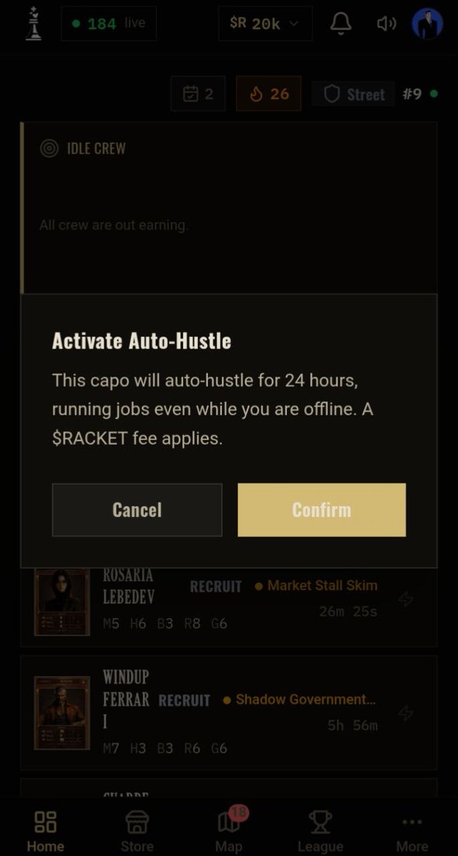 fugaclips's tweet photo. my capo made 635 $R while I was asleep and never touched the app

I had set auto-hustle before bed. Woke up to 3 jobs collected, no clicks, no grinding.

the racket fee is real but it's not close to wiping the take
crew earning money you didn't have to be awake for might be the most slept-on mechanic in @SyndicateGameHQ right now.

how much did your auto-hustle pull overnight? drop your number below