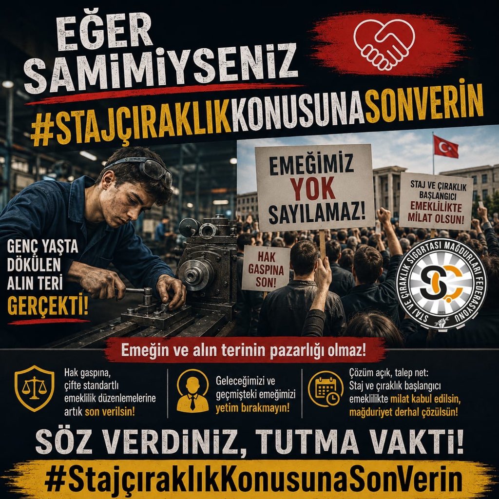 CirakStajFED's tweet photo. Genç yaşta tezgâh başında, fabrikada, atölyede dökülen alın teri "simülasyon" değildi, gerçekti!

@MHP_Bilgi
@dbdevletbahceli
@nevintaslicay
@muharremvarli01
@gokayyuksel10
@MehmetTaytakMHP 
@mhpvahitkayrici
@SermetAtay
@LeventUysalNEV
@MKalayci42
@abdurrahmanbask
@erkanakcay45
@zuhal_karakoc
@PrfDrFilizKilic
@AyseSibelErsoy
@drpelinyilik
@buyukataman
@kamilaydinmhp
@E_SemihYalcin
@M_Levent_Bulbul
@KarakayaMevlut
@hlmdrgn
@ismailozdemirrr
@oozgurbayraktar
@EOzdasli
@KOTRAMurat
@mustafacavusmhp
@Mustafa_ertekin
@OsmanGurBeyoglu
@YavuzTellioglu
@fth_cetinkaya
@PrHasanKalyoncu
@MehmetFendogluu
@ifarukaksu
@ilyastopsakal
@sadirdurmaz
@ahmet__yurdakul 
@yasaryldrmMHP
@TmrOsmanagaoglu
@aliucakTR
@kocakkonuralp
@musakucuk2934

Çocuk yaşta sanayiye girip ülke üretimine omuz veren binlerce insanın staj ve çıraklık dönemindeki emeği yok sayılamaz. 

Kısa vadeli sigorta deyip geçilen o yıllar, bizim gençliğimiz ve ilk iş tecrübemizdi.

Siyasete ve karar vericilere sesleniyoruz: Hak mücadelesinde verilen sözlerin arkasında durma vakti geldi. Emeğin ve alın terinin pazarlığı olmaz! 

Hak gaspına, çifte standartlı emeklilik düzenlemelerine artık son verilsin.

Geleceğimizi ve geçmişteki emeğimizi yetim bırakmayın.

Çözüm açık, talep net: Staj ve çıraklık başlangıcı emeklilikte milat kabul edilsin, mağduriyet derhal çözülsün!

Kamuoyuna saygıyla duyurulur.
Staj ve Çıraklık Sigortası Mağdurları Federasyonu

Eğer Samimiyseniz
#StajçıraklıkKonusunaSonVerin