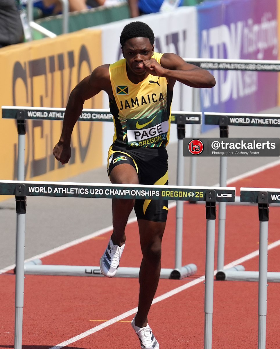 trackalerts's tweet photo. 🇯🇲 Marquies Page advances to the men’s 110m hurdles semifinals at #Eugene26 after finishing second in heat four in 13.34.
Ewenn Vernack won in a PB of 13.22. Wind: +0.6 m/s. #WorldU20Champs #Trackalerts https://t.co/j8MHT75chy