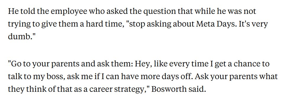 CharlesRollet1's tweet photo. Scoop! 

Meta's CTO, Boz, recently told employees that any extra time freed up by AI should NOT be used for vacation.

Instead, it should go towards building "cooler stuff" at Meta.

Requesting more time off from your boss is not a "good career strategy," he added. https://t.co/vxY0PxoWok