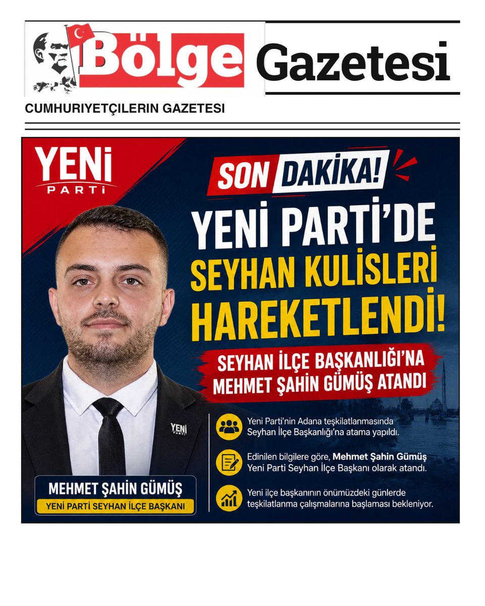 bolgegazetesi01's tweet photo. Mehmet Şahin Gümüş, Yeni Parti Seyhan İlçe Başkanı olarak atandı.
Gümüş’ün önümüzdeki günlerde teşkilatlanma çalışmalarına başlaması bekleniyor.
#YeniParti #Seyhan #Adana #MehmetŞahinGümüş #SonDakika @mehmetahingm https://t.co/FUaQjx6mv7